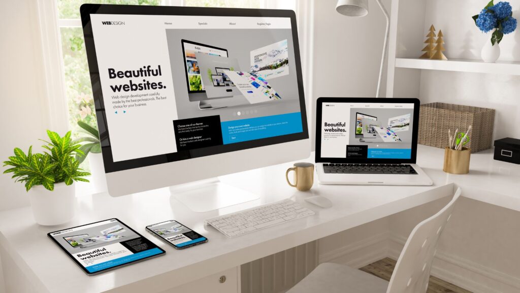 Responsive web design on desktop, laptop, tablet, and phone – showcasing why every business needs a website to reach customers online.