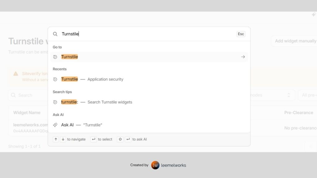 Searching Turnstile on Cloudflare Dashboard