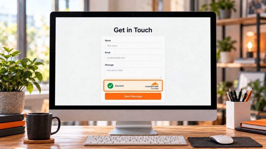 WordPress contact form with Cloudflare Turnstile verification highlighted in orange on a desktop monitor.